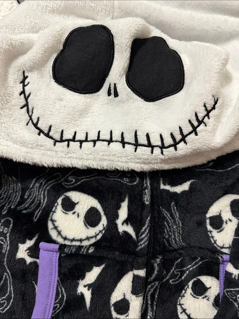 Disney Black and White Jack Skellington Fleece Pajama Onesie with Purple Trim